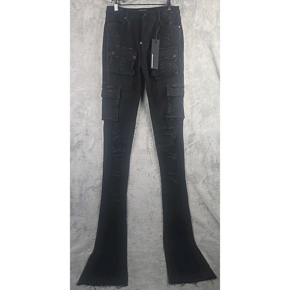 Rockstar Original Noor Cargo Super Stacked Jeans‎ Distressed Womens Small Black